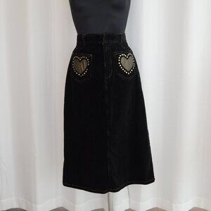 Y2K Black Corduroy Heart Patch Midi Skirt Sz 2